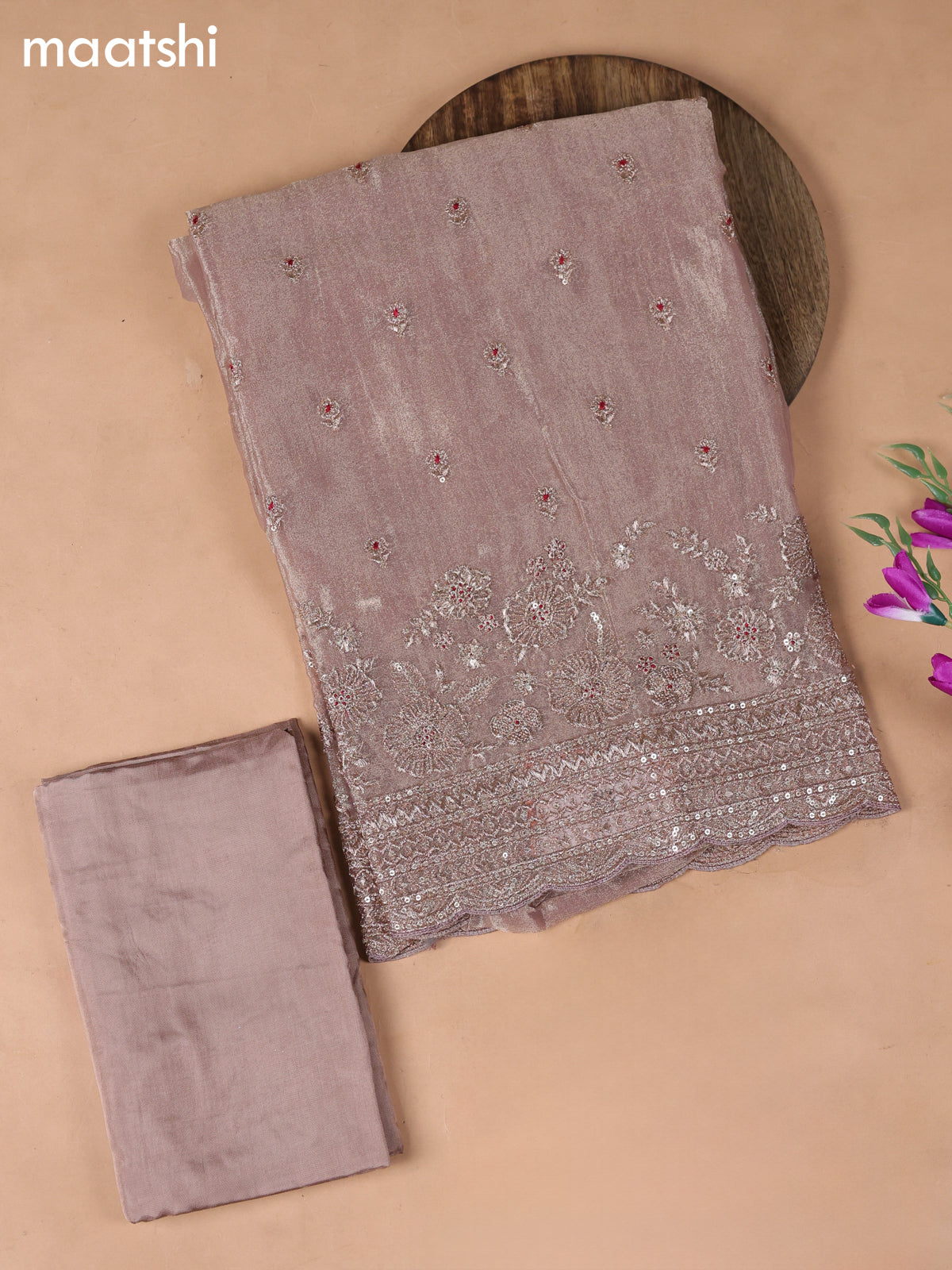 Peach Tissue Dress Material With Embroidery Work Neck Pattern