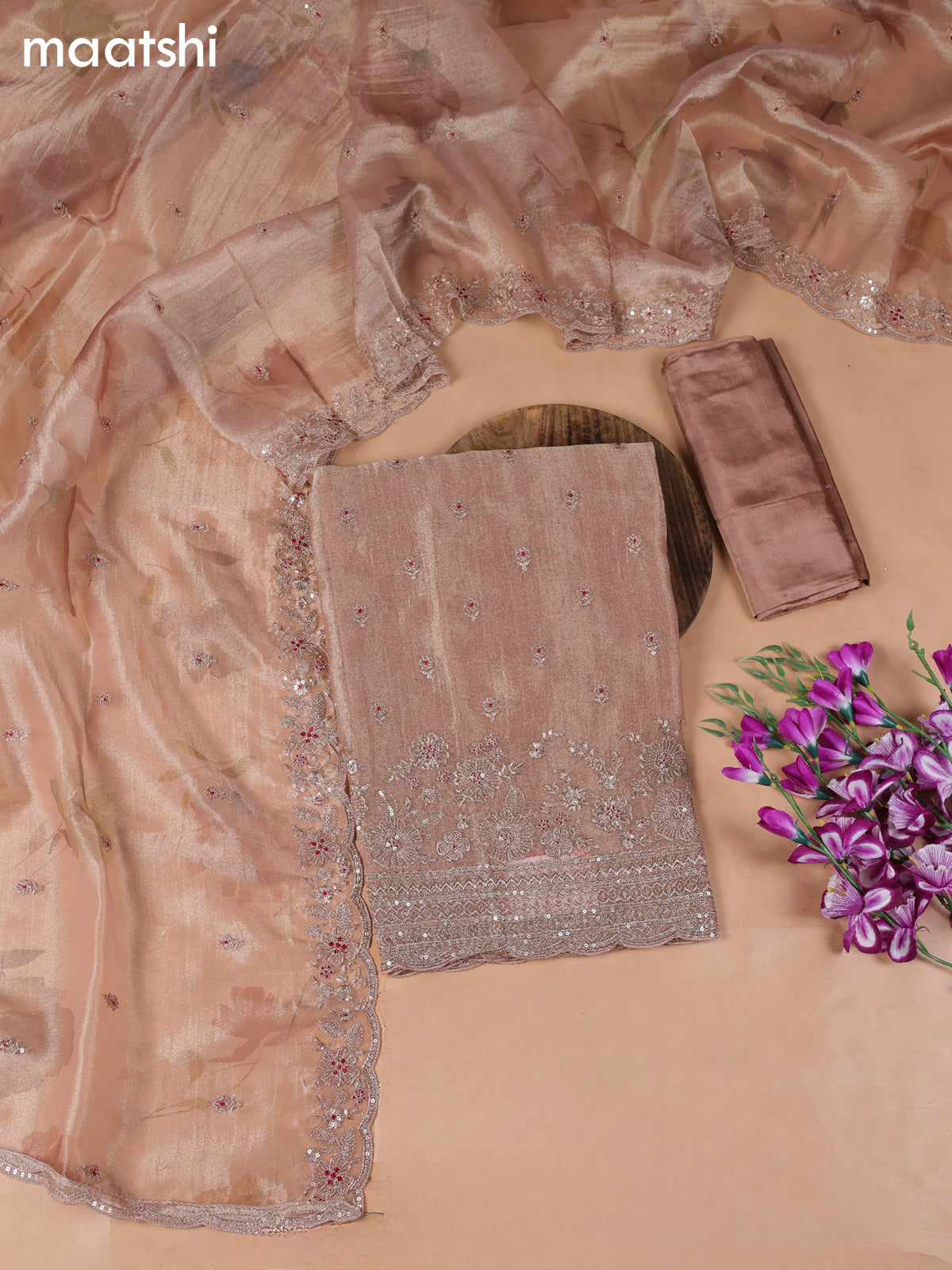 Peach Pink Tissue Dress Material With Embroidery Work Neck Pattern