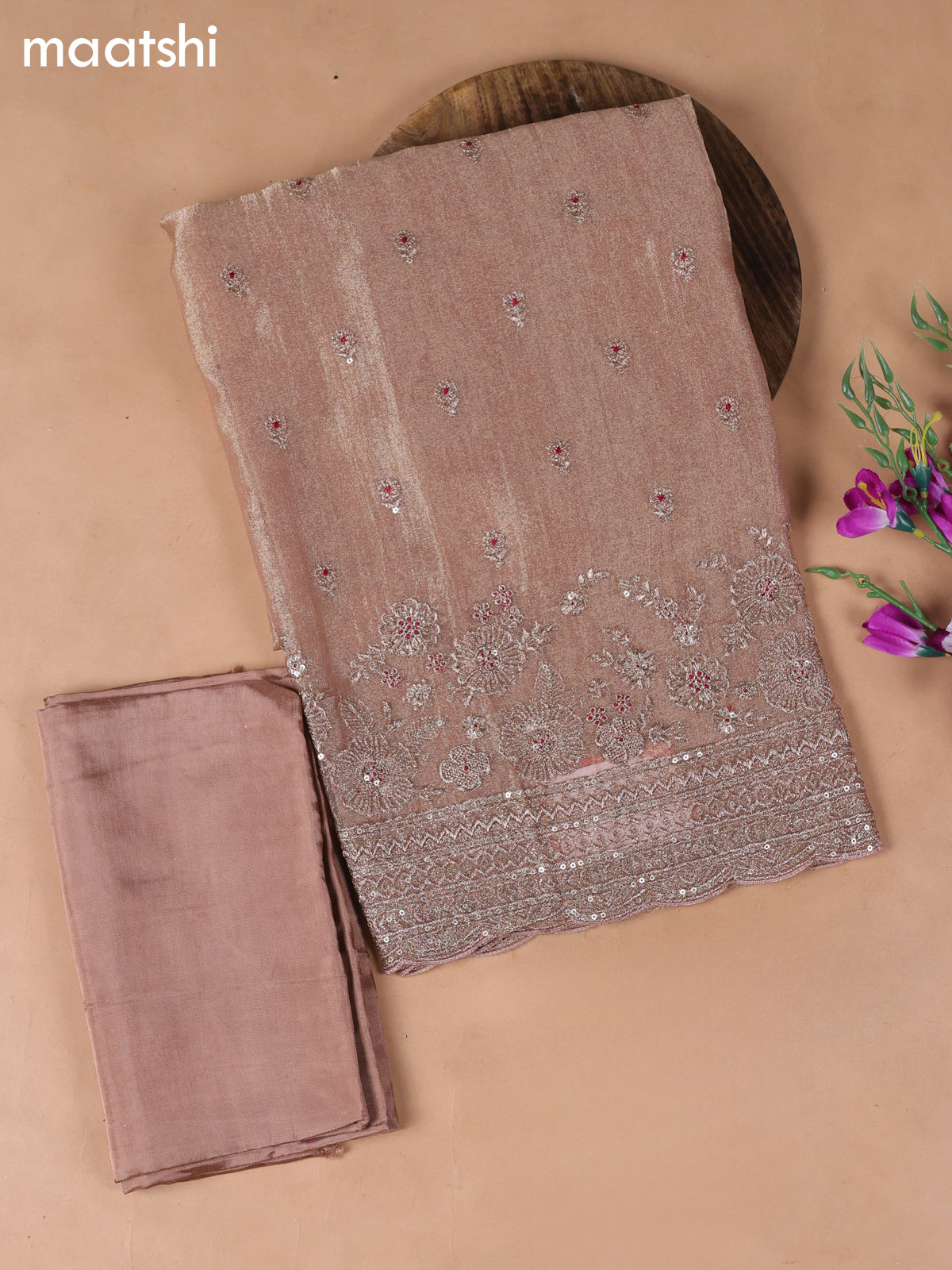 Peach Pink Tissue Dress Material With Embroidery Work Neck Pattern