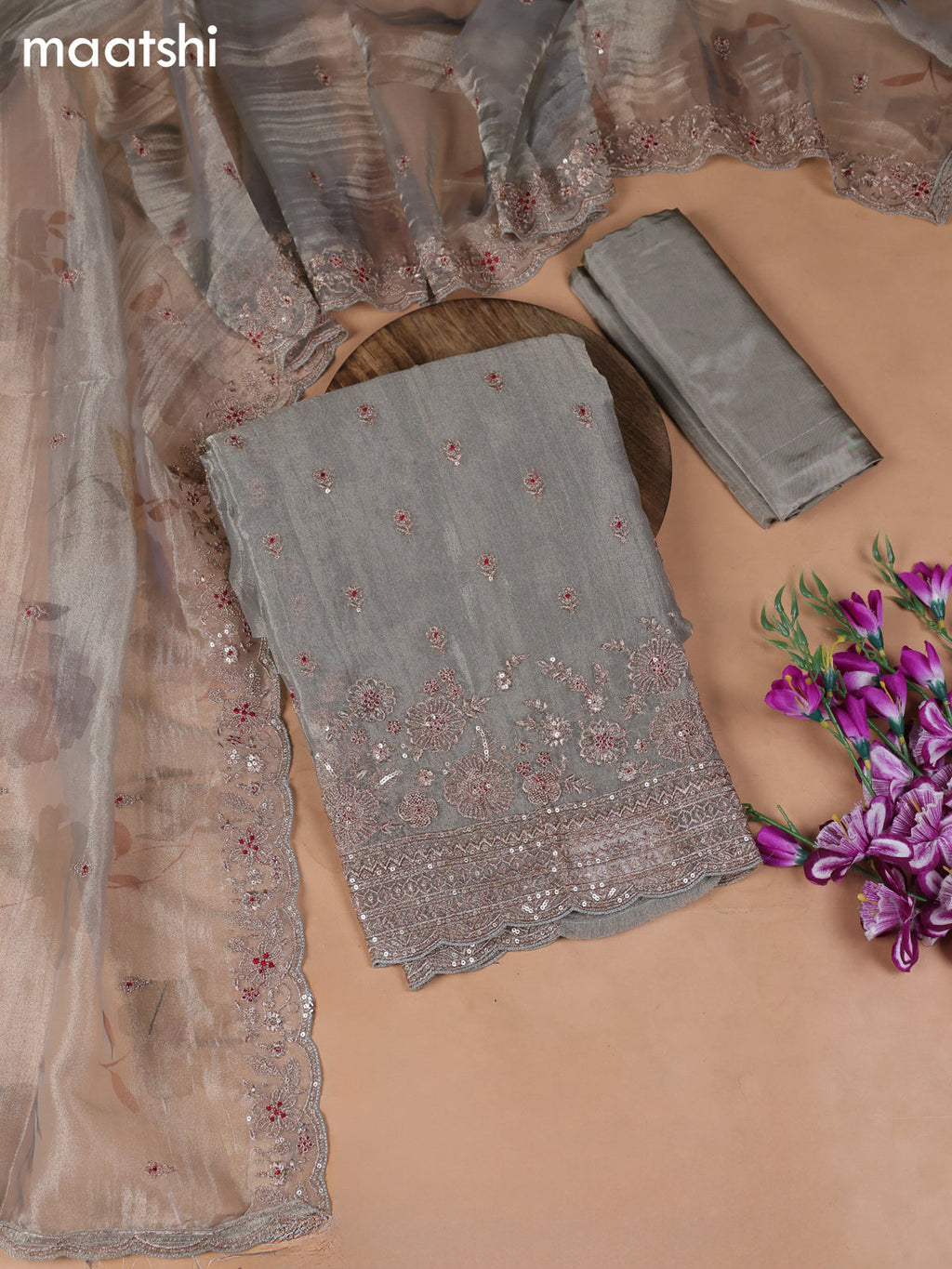 Grey Tissue Dress Material With Embroidery Work Neck Pattern