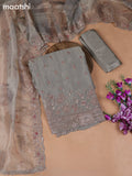 Grey Tissue Dress Material With Embroidery Work Neck Pattern