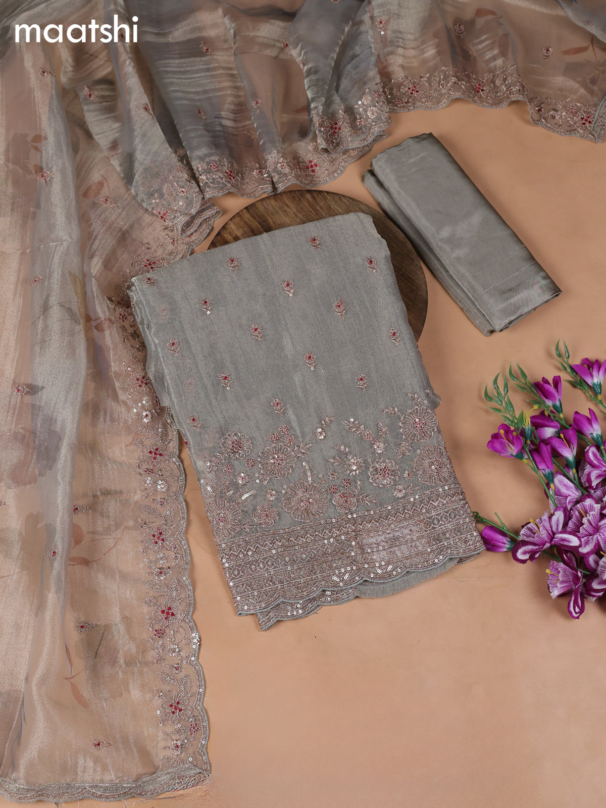 Grey Tissue Dress Material With Embroidery Work Neck Pattern