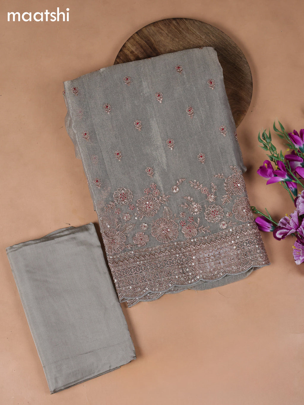 Grey Tissue Dress Material With Embroidery Work Neck Pattern