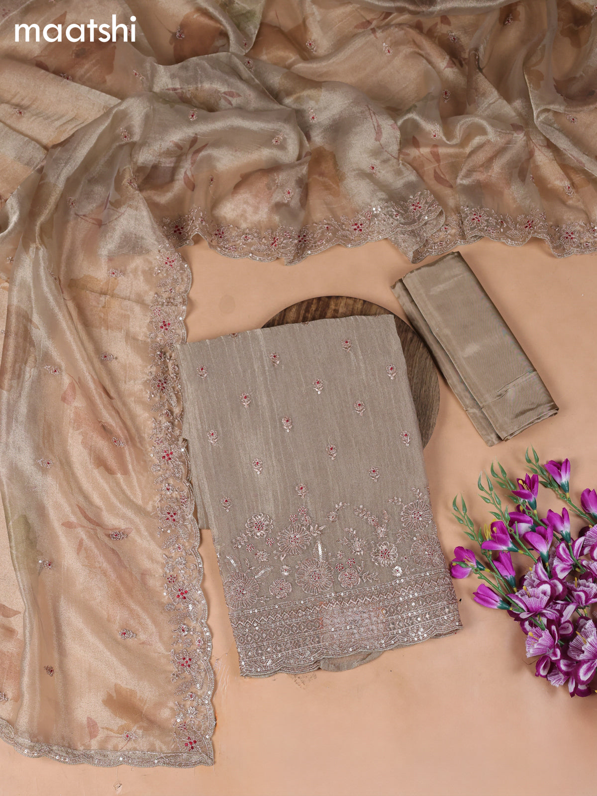 Beige Tissue Dress Material With Embroidery Work Neck Pattern