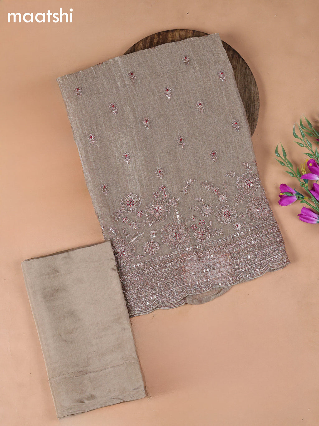 Beige Tissue Dress Material With Embroidery Work Neck Pattern