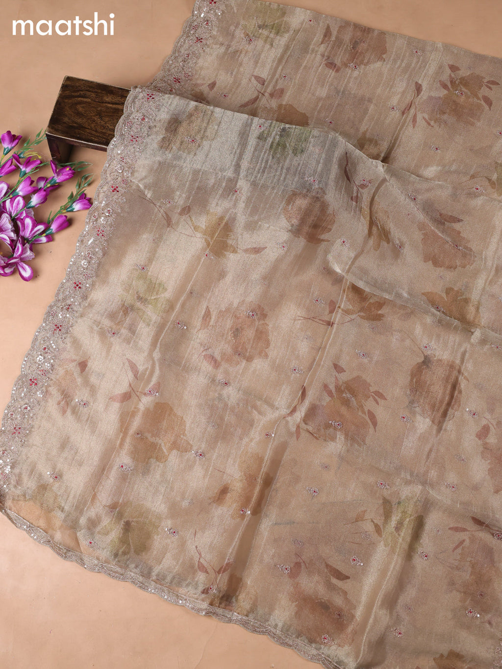 Beige Tissue Dress Material With Embroidery Work Neck Pattern