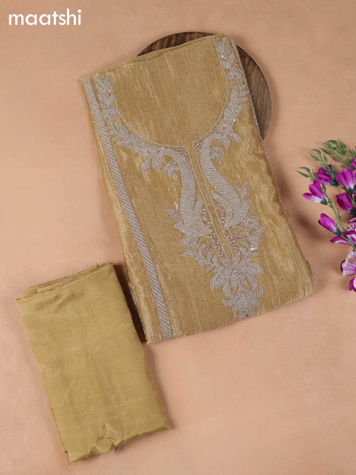 Gold Tissue Dress Material With Embroidery Work Neck Pattern