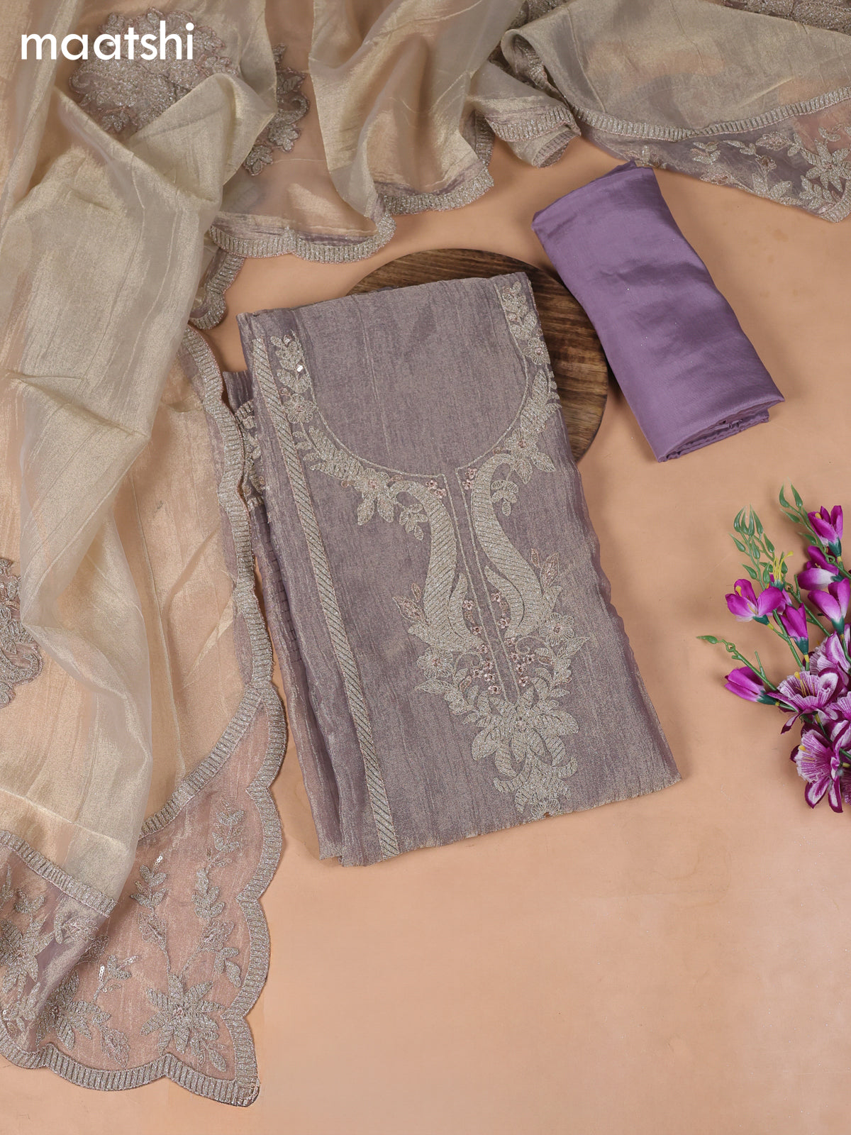 Lavender Tissue Dress Material With Embroidery Work Neck Pattern