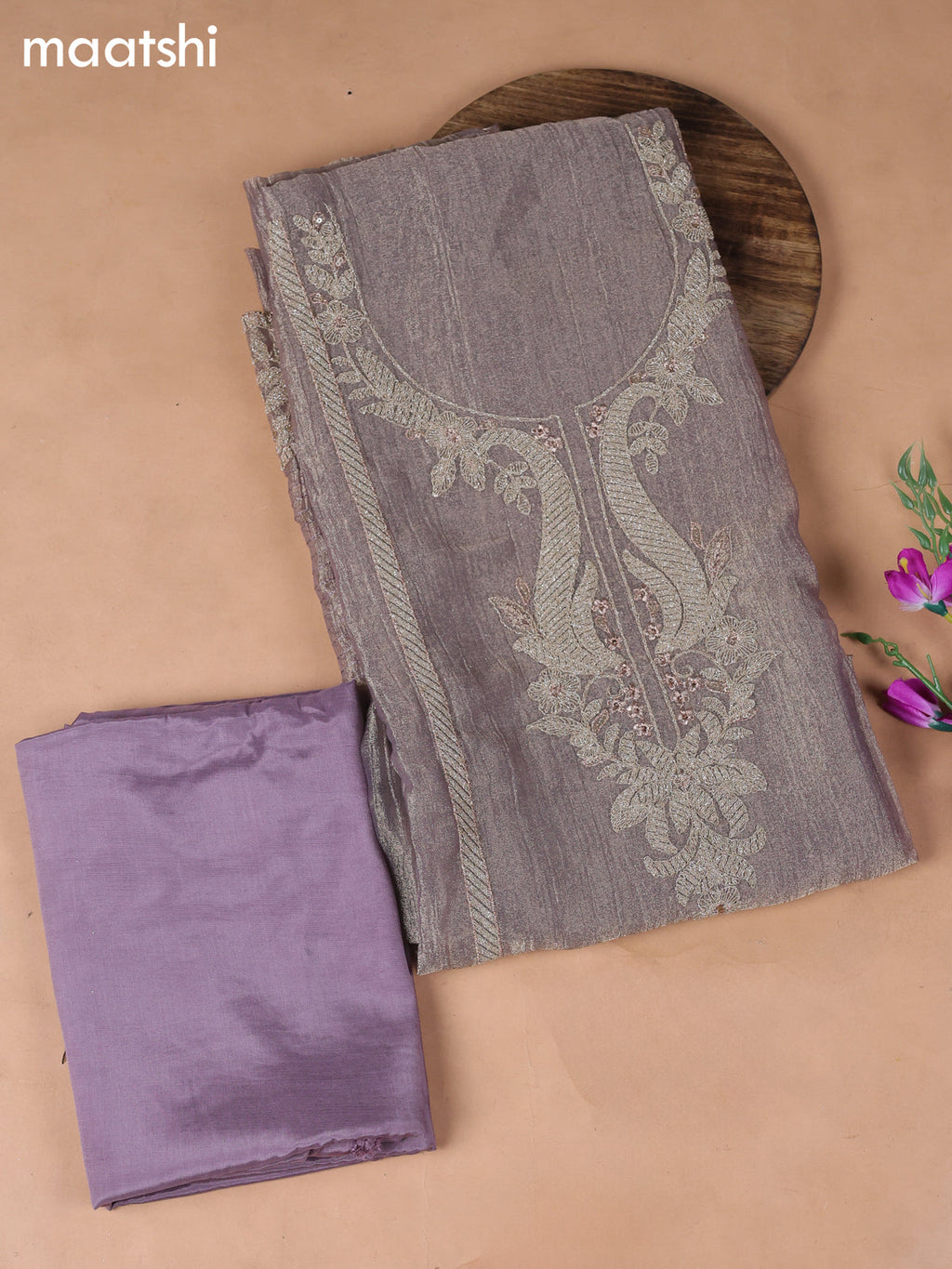 Lavender Tissue Dress Material With Embroidery Work Neck Pattern