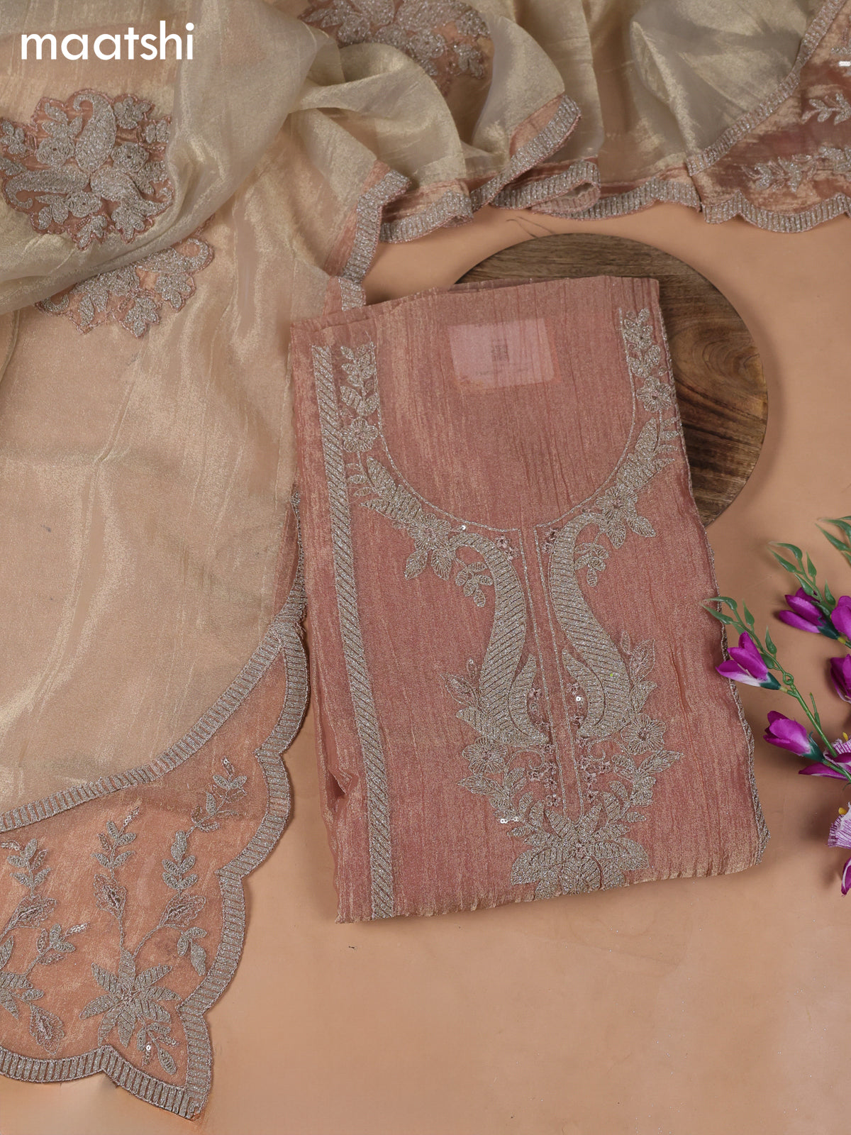 Peach Tissue Dress Material With Embroidery Work Neck Pattern