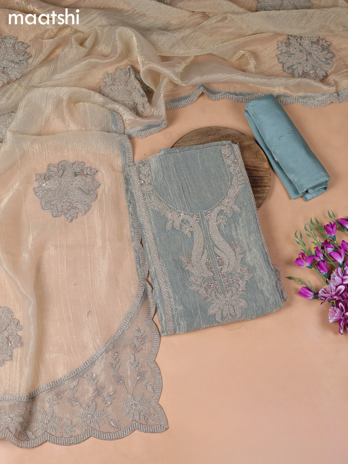 Teal Blue Tissue Dress Material With Embroidery Work Neck Pattern