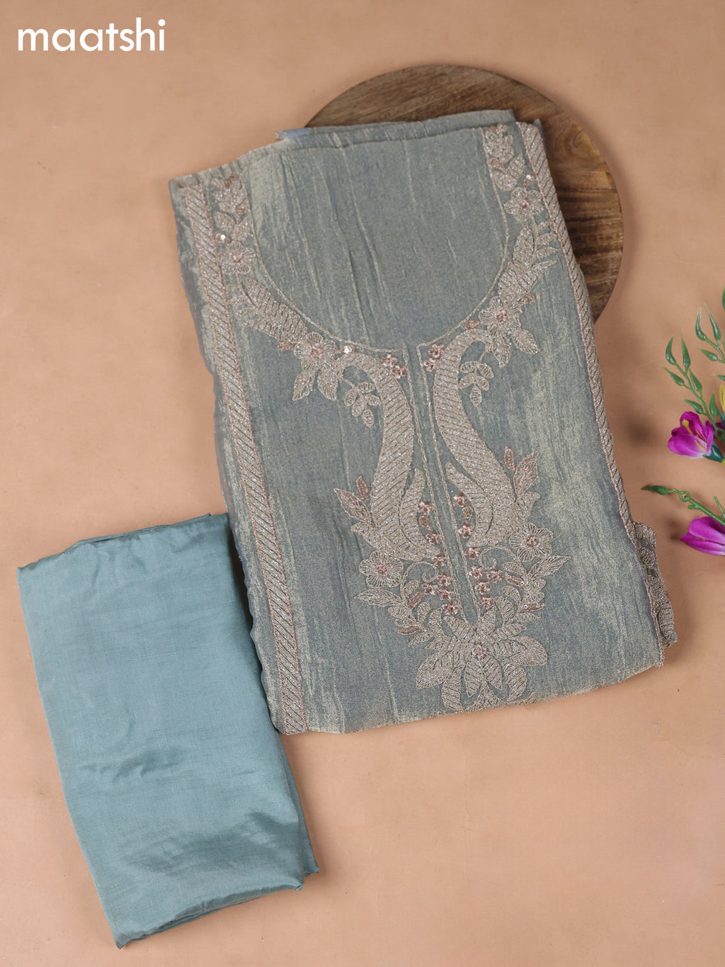Teal Blue Tissue Dress Material With Embroidery Work Neck Pattern