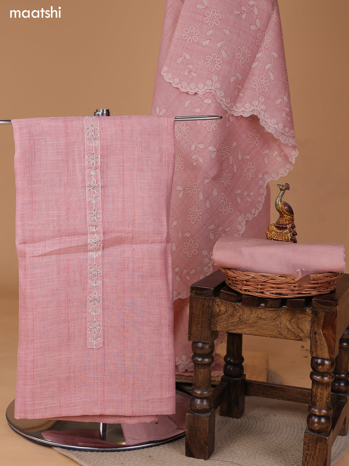 Pink Linen Cotton Dress Material With Embroidery Work Neck Pattern and Bottom & Dupatta
