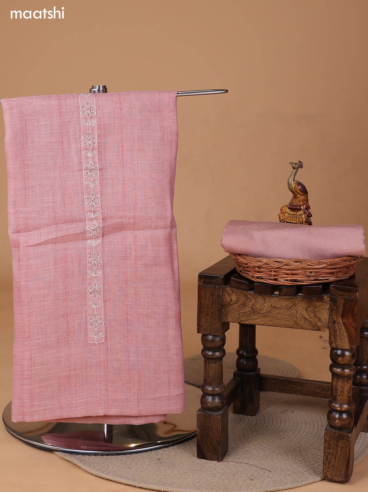 Pink Linen Cotton Dress Material With Embroidery Work Neck Pattern and Bottom & Dupatta
