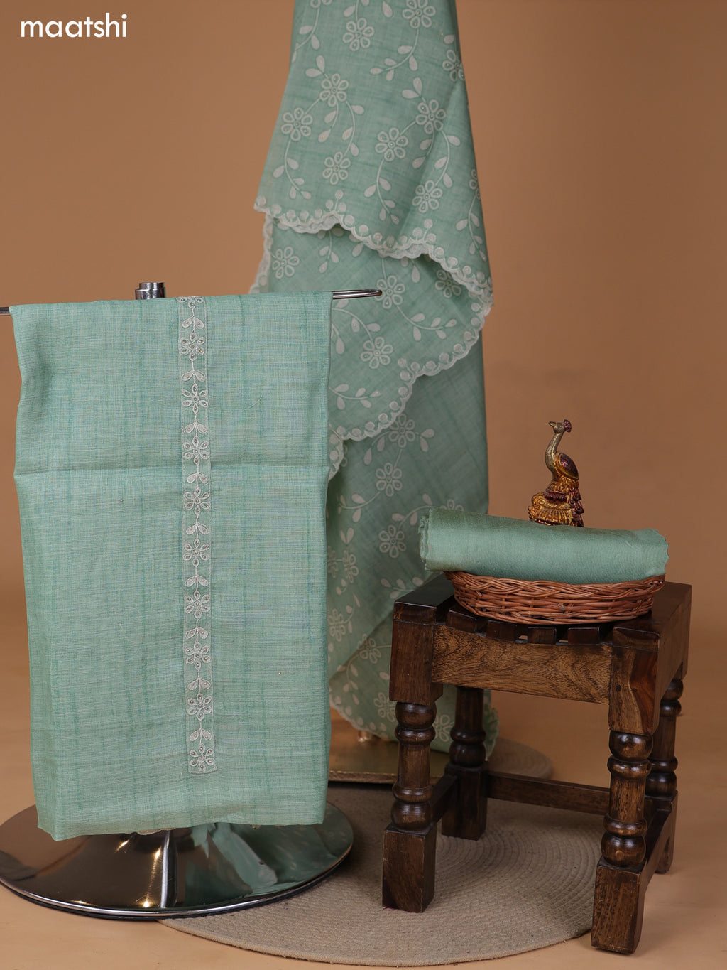 Pastel Green Linen Cotton Dress Material With Embroidery Work Neck Pattern and Bottom & Dupatta
