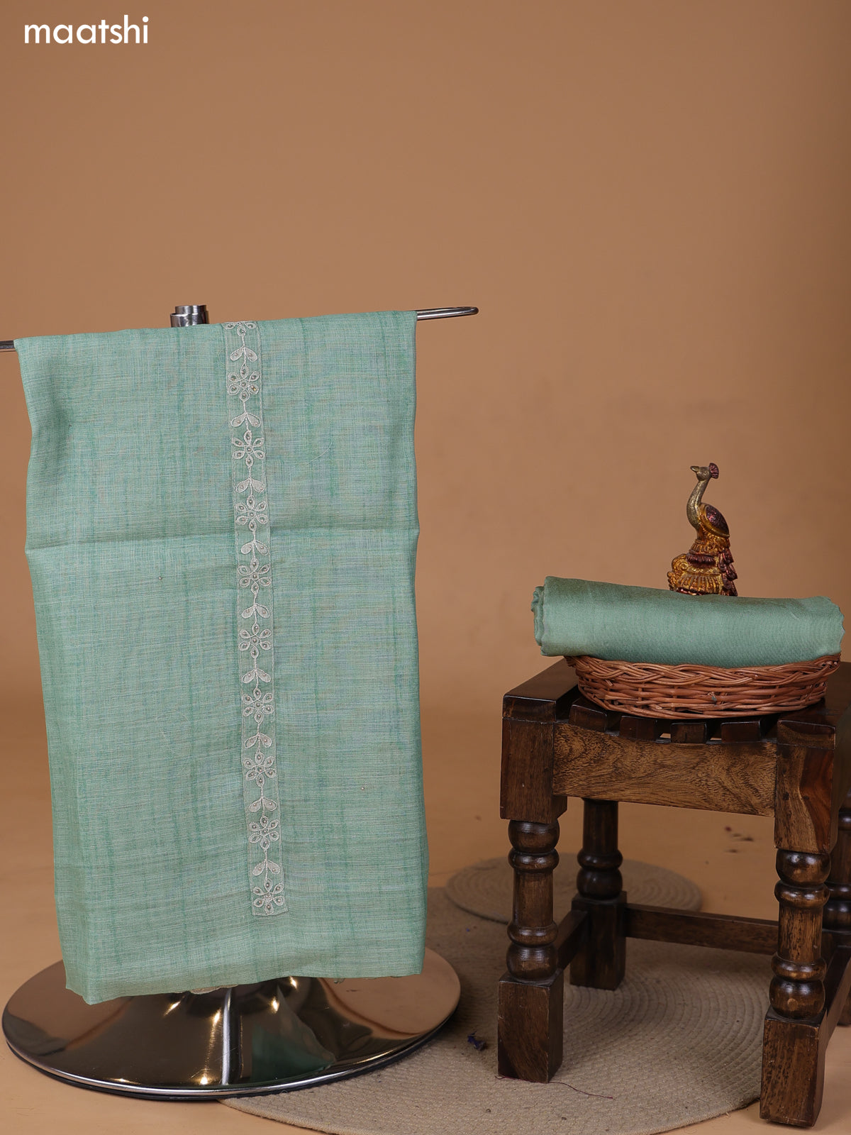 Pastel Green Linen Cotton Dress Material With Embroidery Work Neck Pattern and Bottom & Dupatta