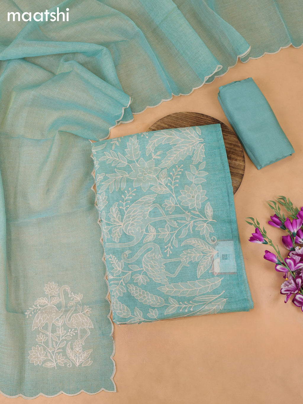 Teal Blue Tissue Dress Material With Embroidery Work Neck Pattern