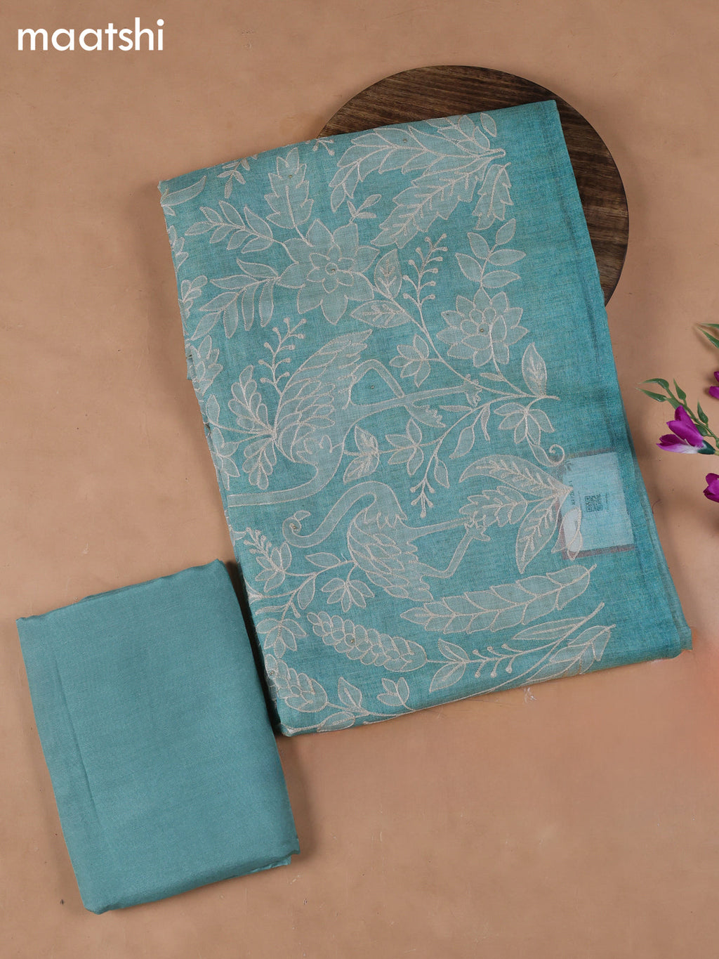 Teal Blue Tissue Dress Material With Embroidery Work Neck Pattern