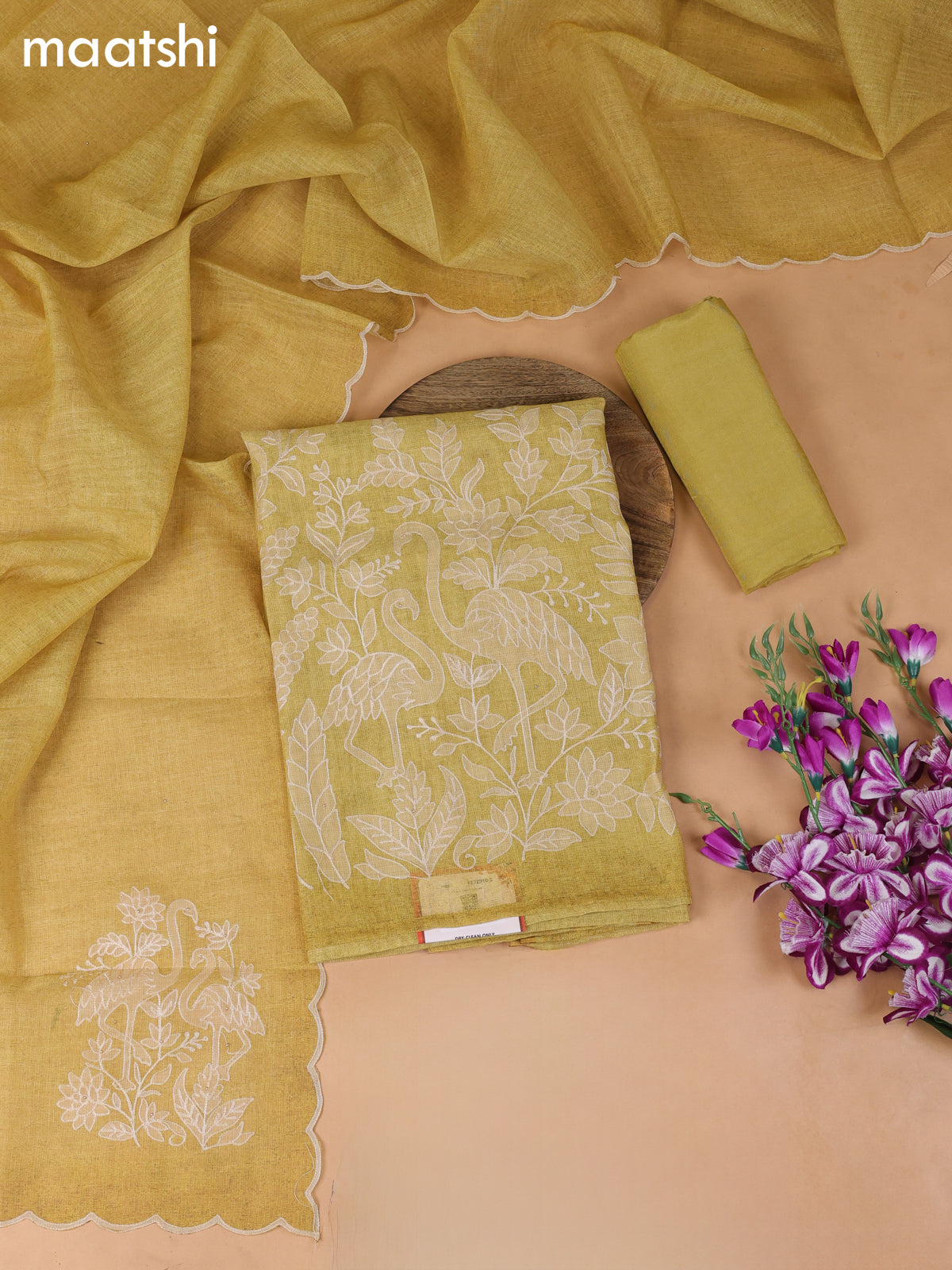Lime Yellow Tissue Dress Material With Embroidery Work Neck Pattern