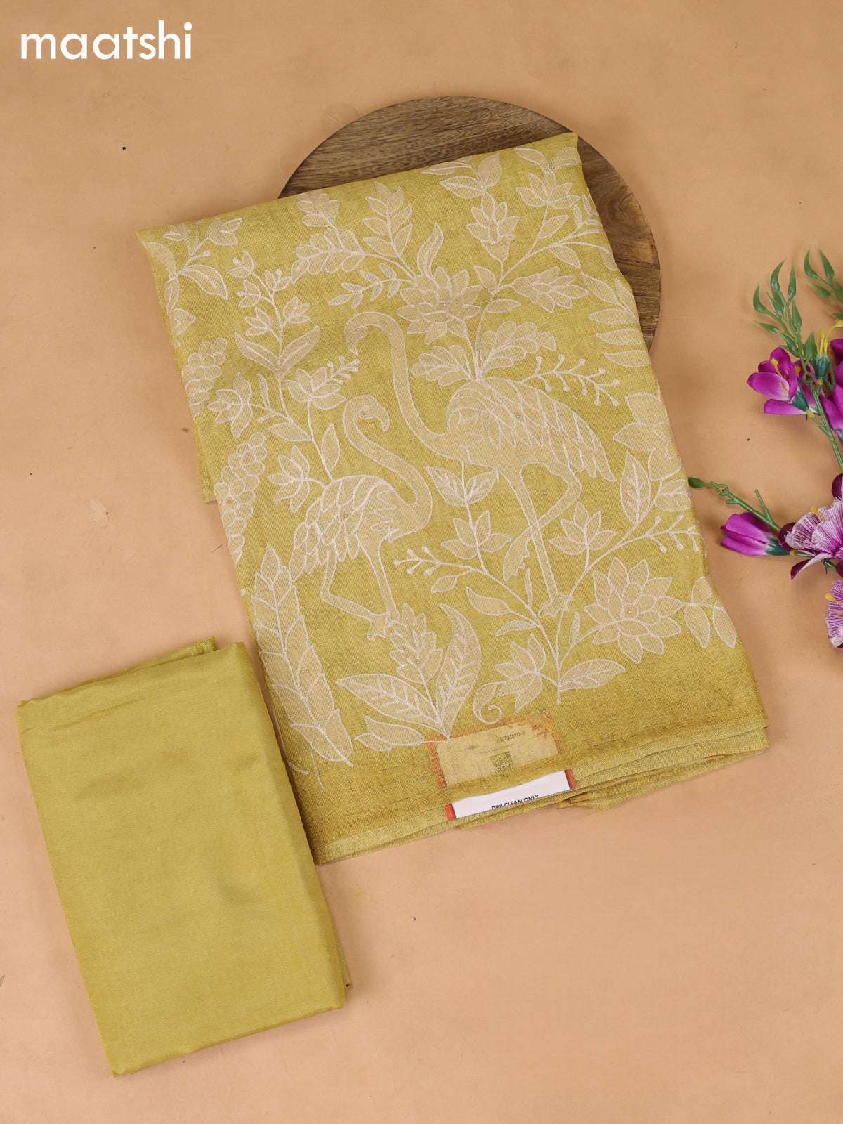 Lime Yellow Tissue Dress Material With Embroidery Work Neck Pattern