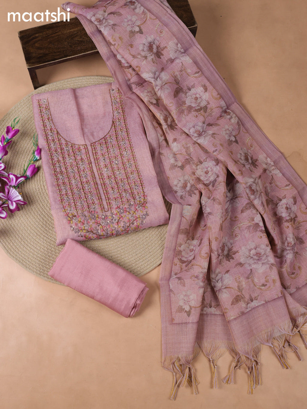Pink Tissue Linen Dress Material With Embroidery Work Neck Pattern