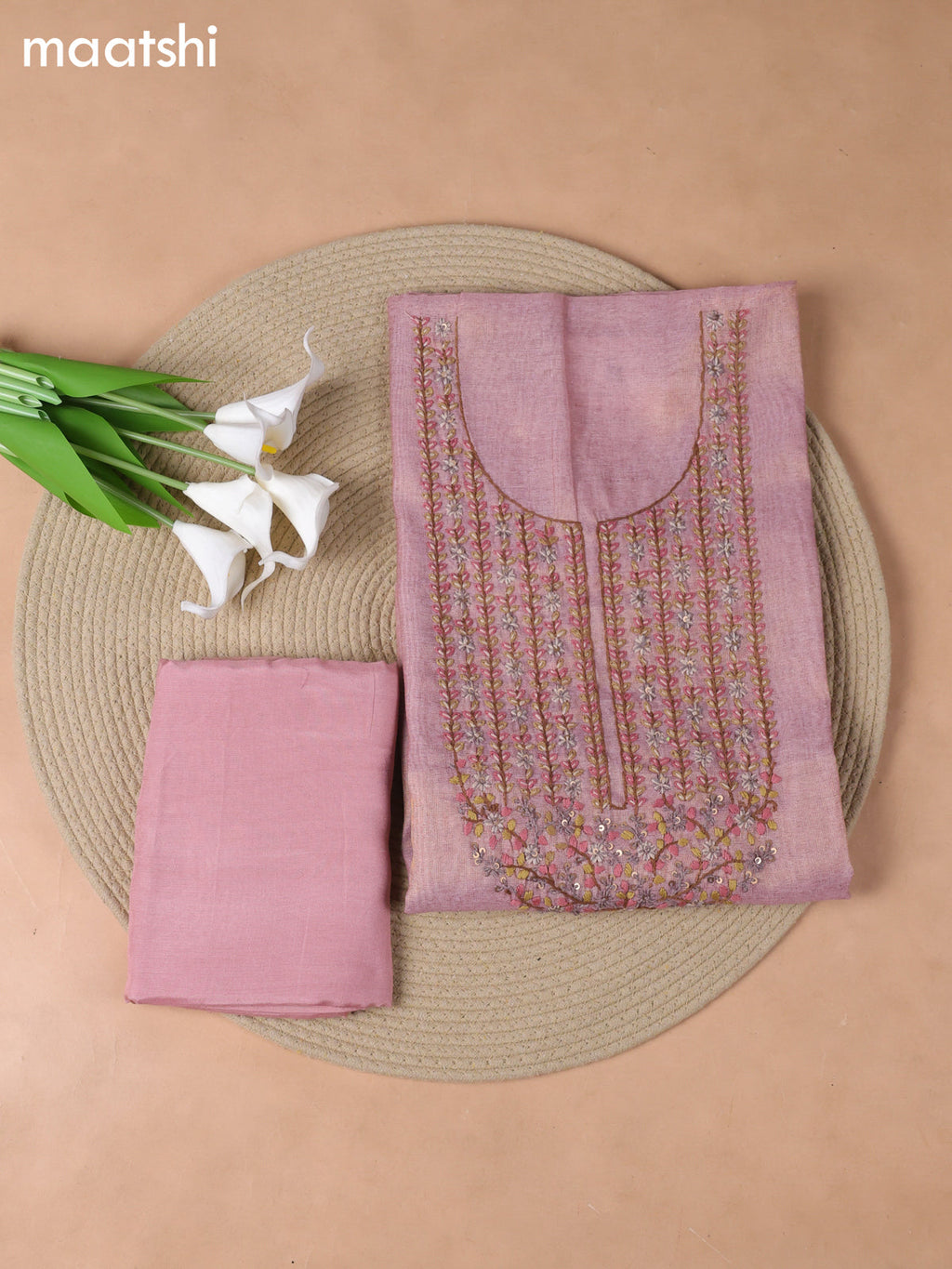 Pink Tissue Linen Dress Material With Embroidery Work Neck Pattern