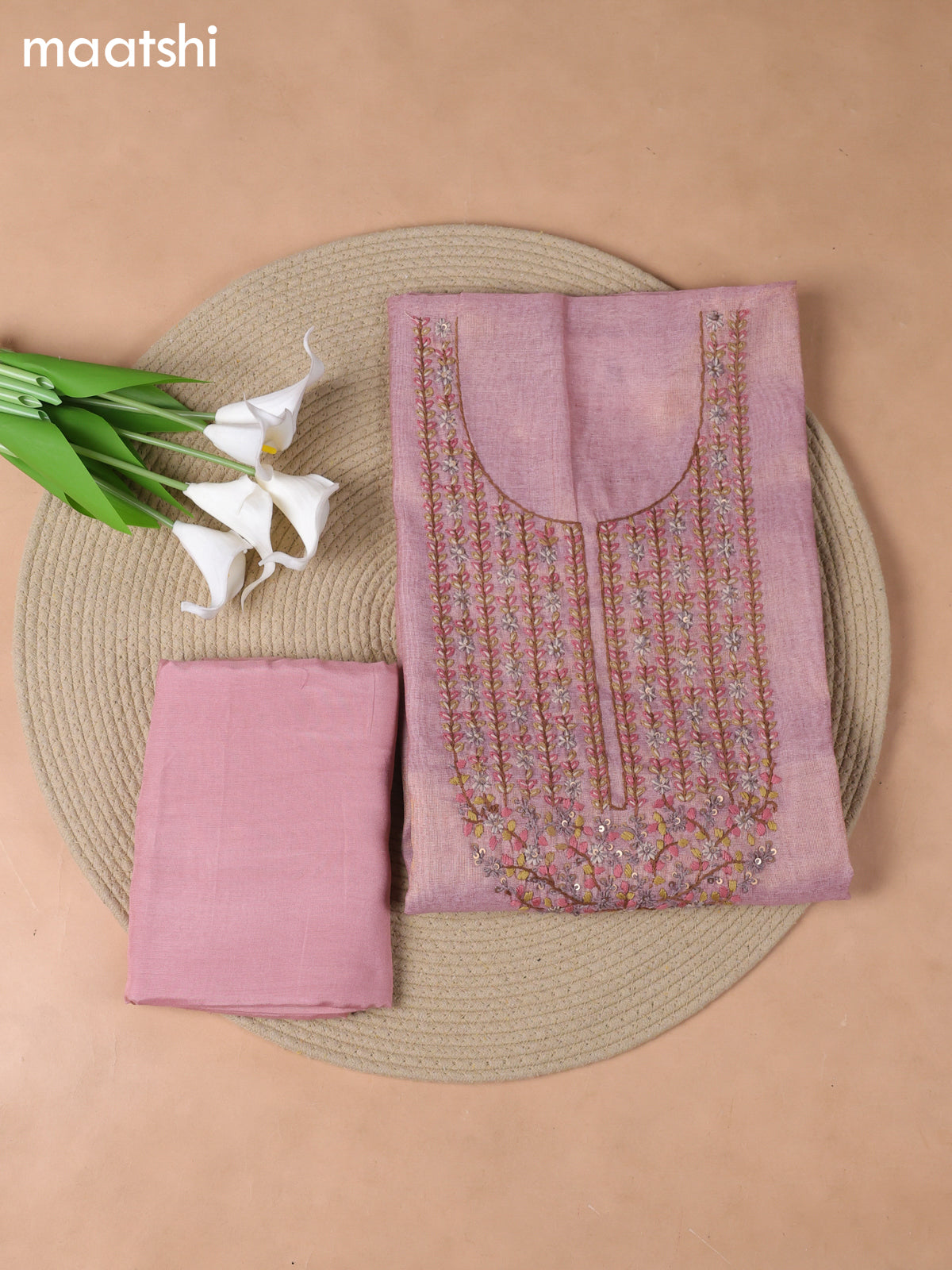 Pink Tissue Linen Dress Material With Embroidery Work Neck Pattern