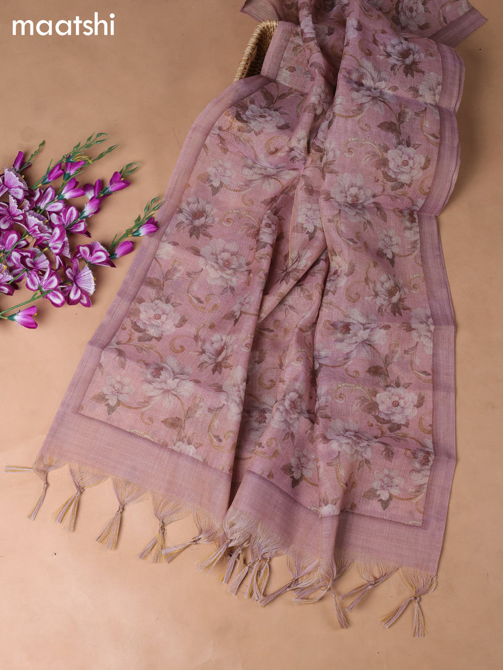 Pink Tissue Linen Dress Material With Embroidery Work Neck Pattern