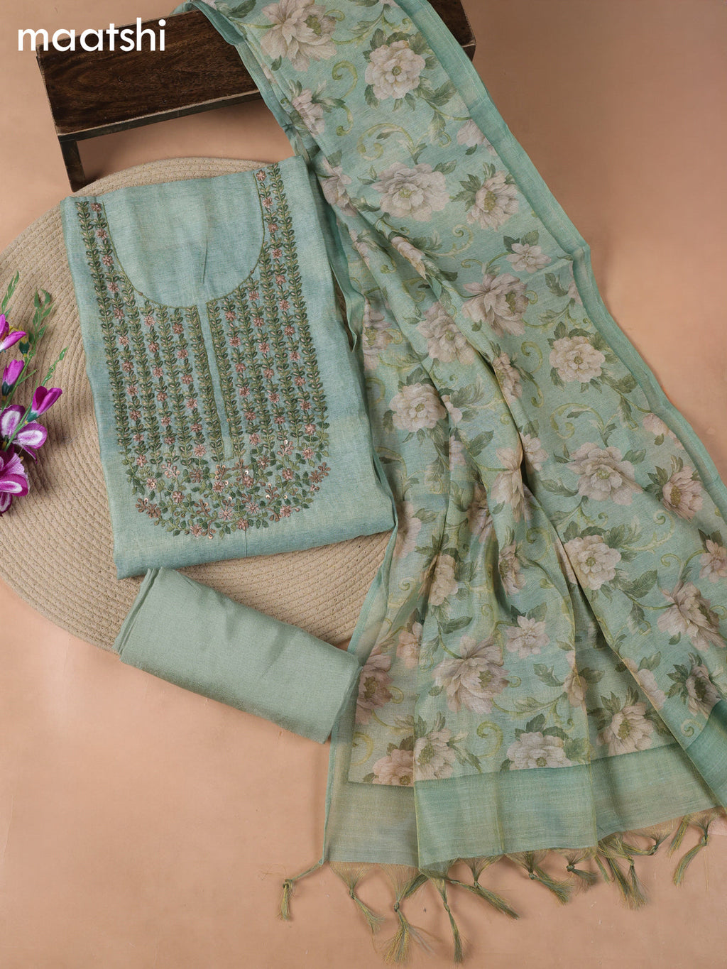Green Tissue Linen Dress Material With Embroidery Work Neck Pattern