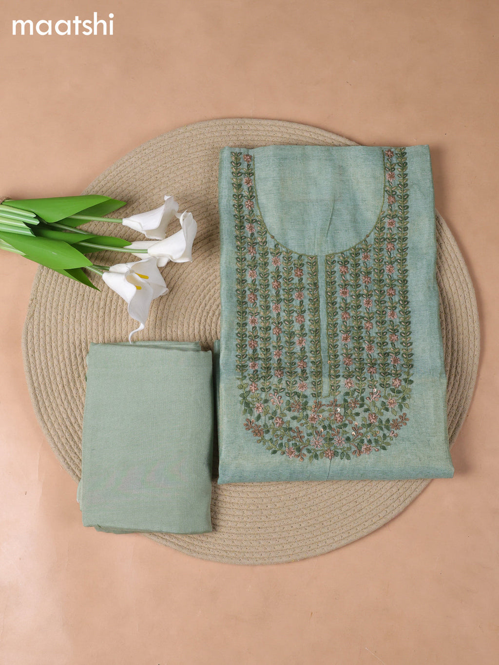 Green Tissue Linen Dress Material With Embroidery Work Neck Pattern