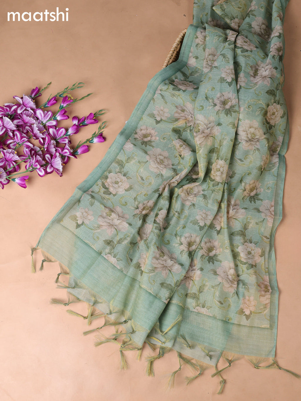 Green Tissue Linen Dress Material With Embroidery Work Neck Pattern
