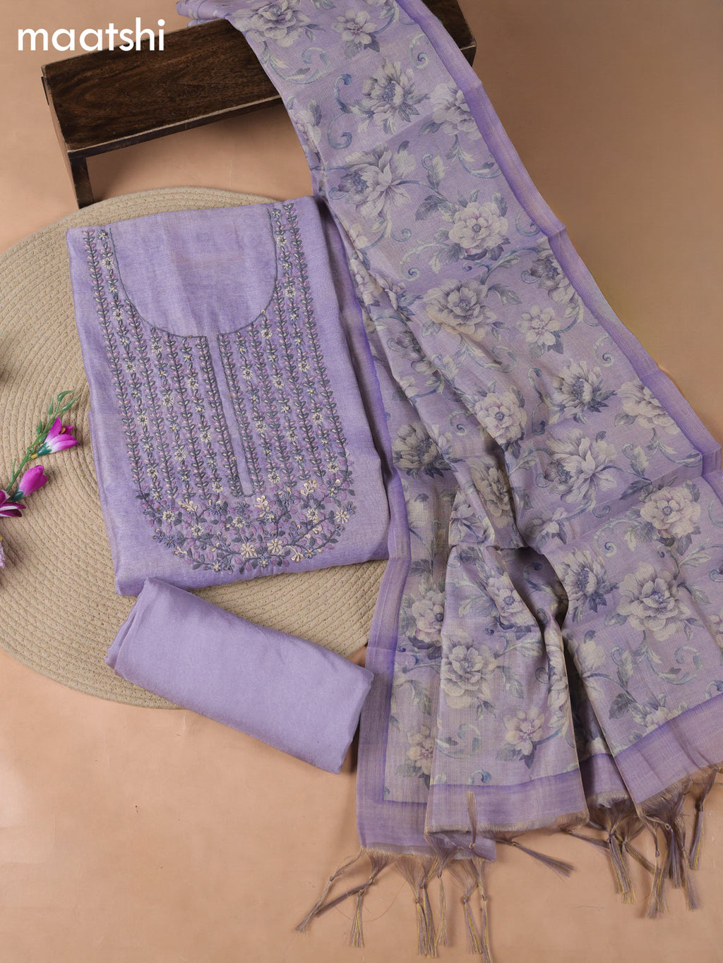 Lavender Tissue Linen Dress Material With Embroidery Work Neck Pattern