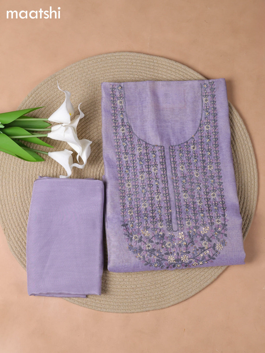 Lavender Tissue Linen Dress Material With Embroidery Work Neck Pattern