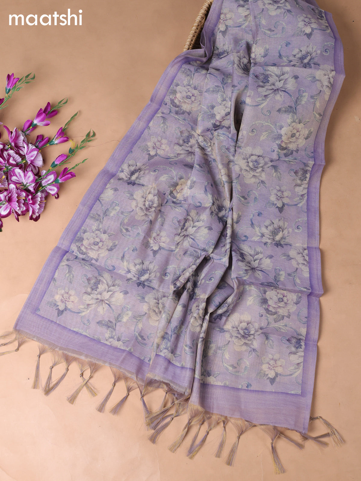Lavender Tissue Linen Dress Material With Embroidery Work Neck Pattern