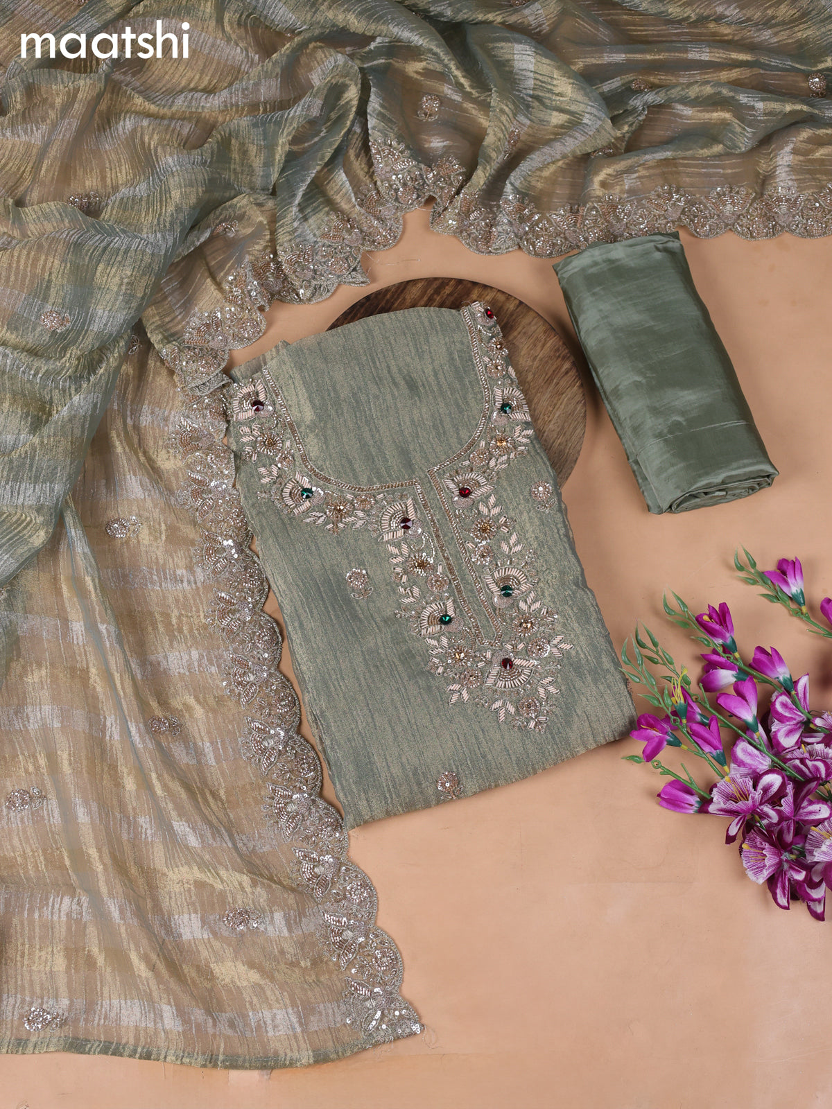Green Shade Tissue Dress Material With Embroidery Work Neck Pattern