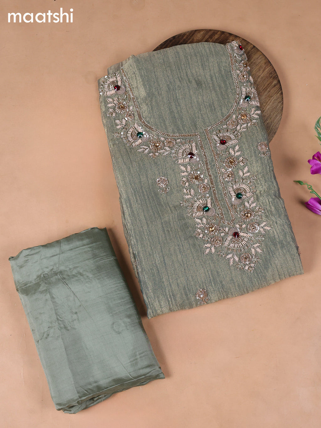 Green Shade Tissue Dress Material With Embroidery Work Neck Pattern