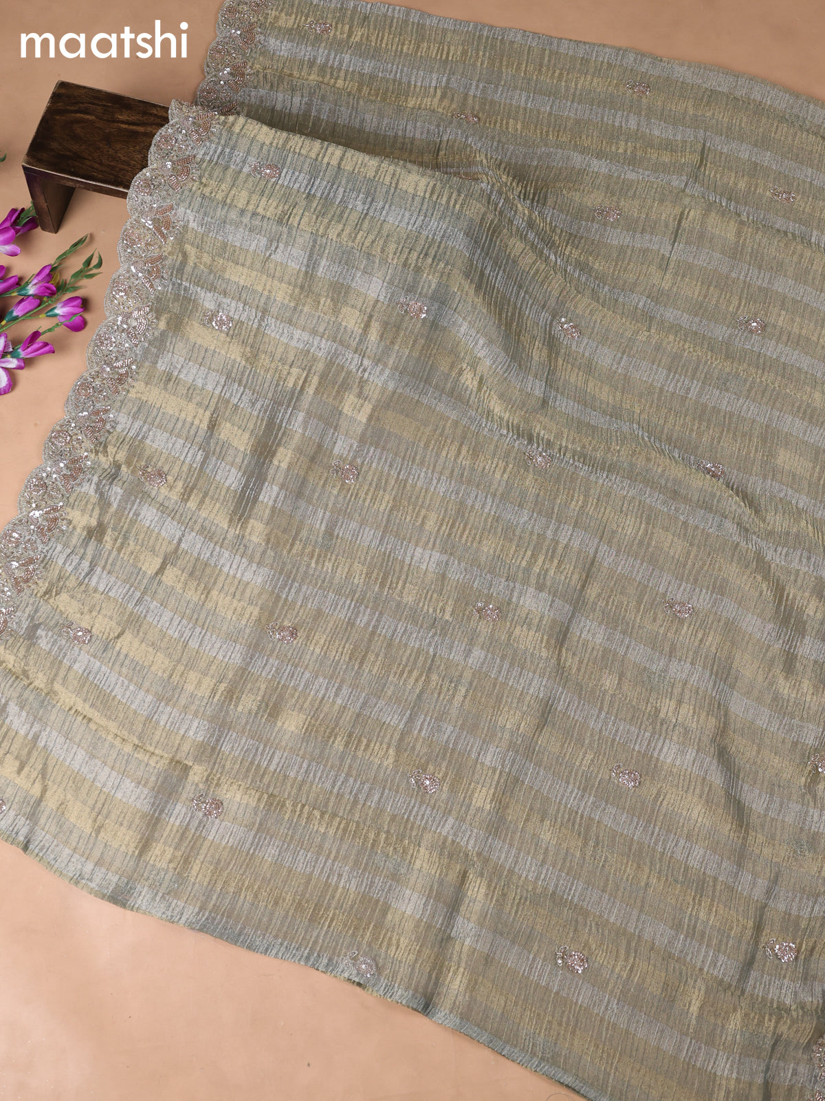 Green Shade Tissue Dress Material With Embroidery Work Neck Pattern