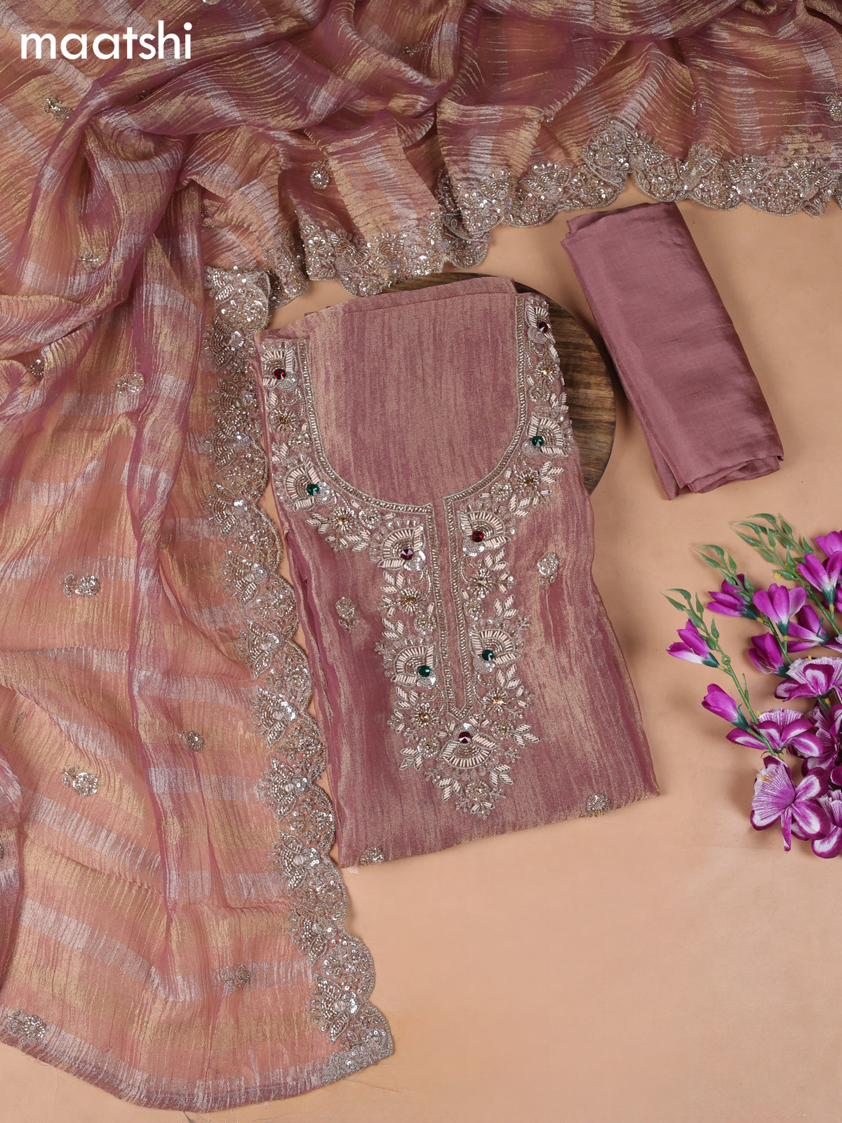 Peach Pink Tissue Dress Material With Embroidery Work Neck Pattern