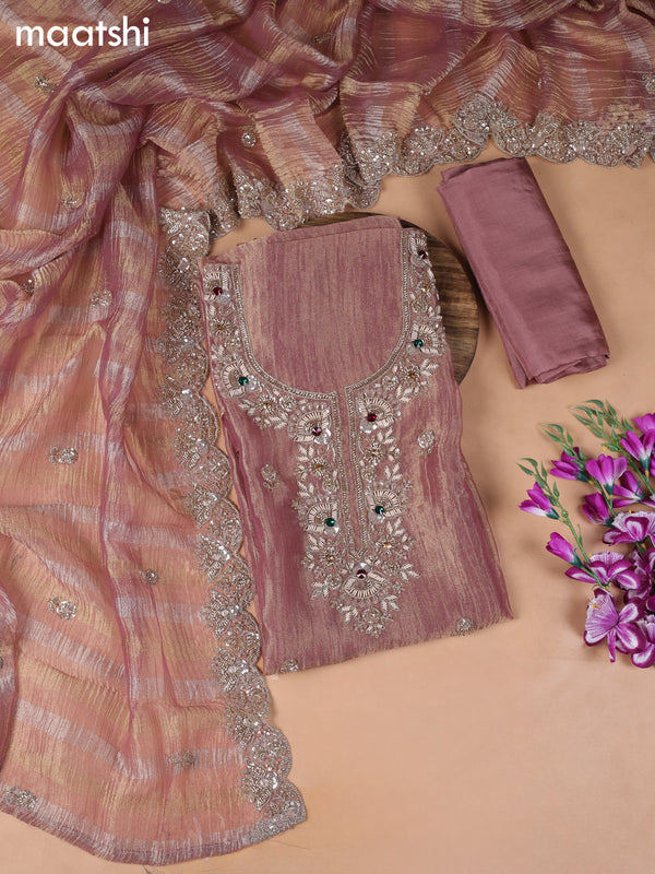 Peach Pink Tissue Dress Material With Embroidery Work Neck Pattern
