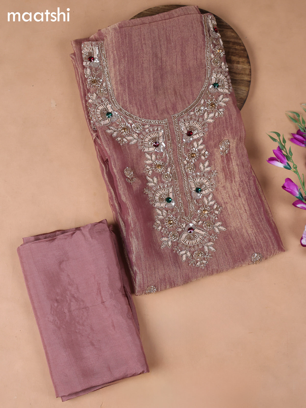 Peach Pink Tissue Dress Material With Embroidery Work Neck Pattern
