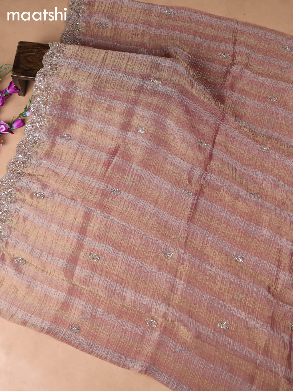 Peach Pink Tissue Dress Material With Embroidery Work Neck Pattern