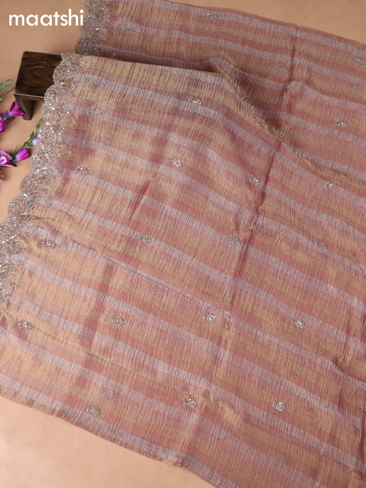 Peach Pink Tissue Dress Material With Embroidery Work Neck Pattern