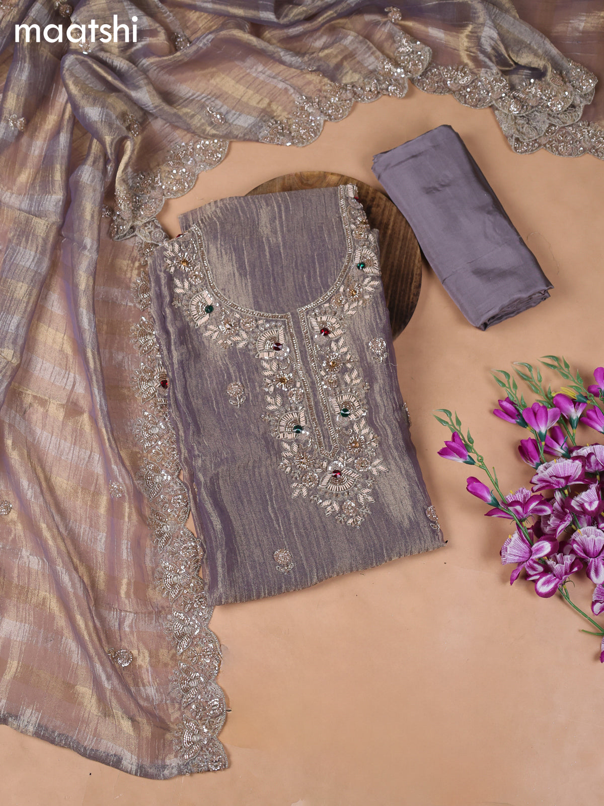 Lavender Tissue Dress Material With Embroidery Work Neck Pattern