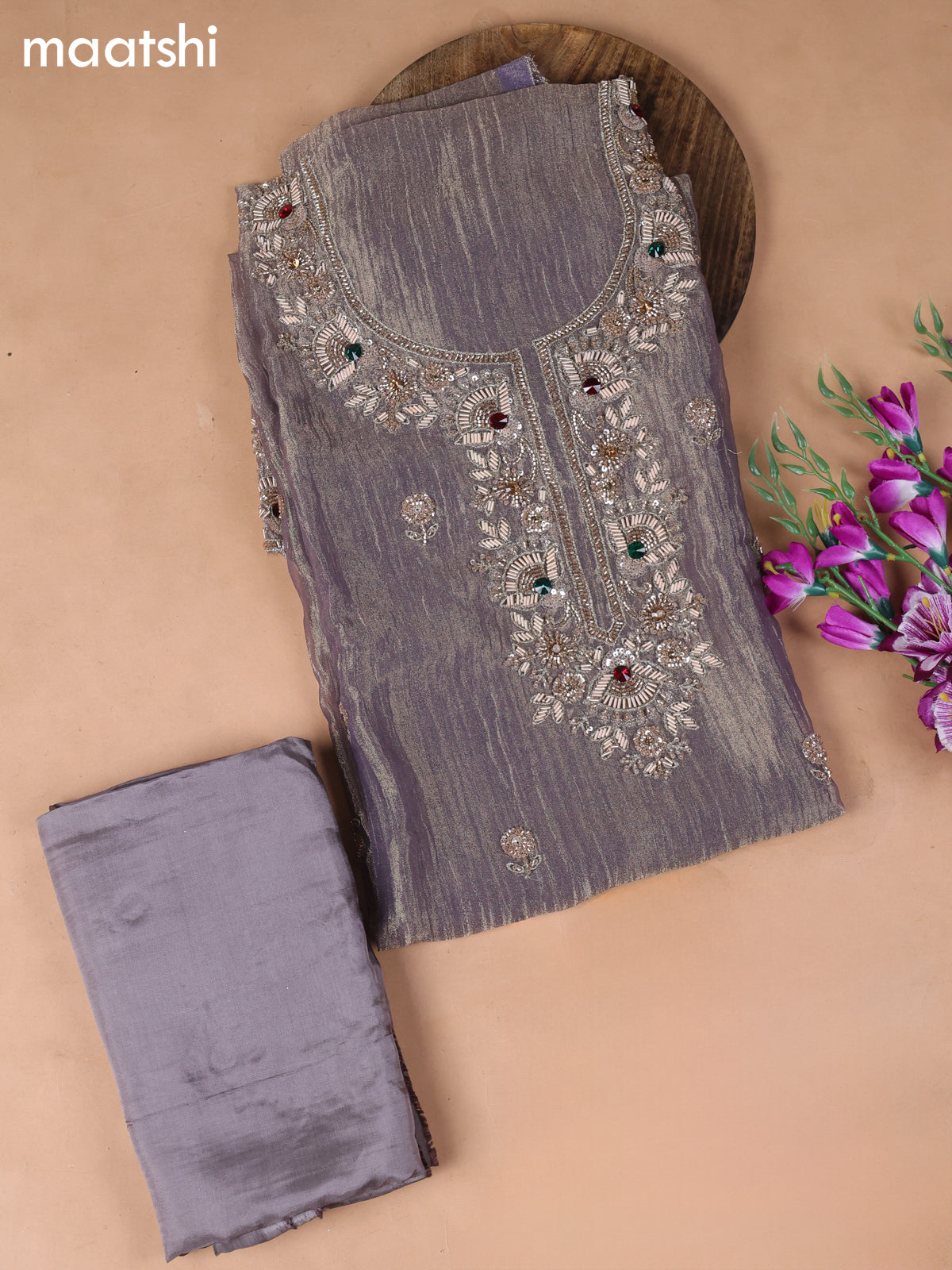 Lavender Tissue Dress Material With Embroidery Work Neck Pattern