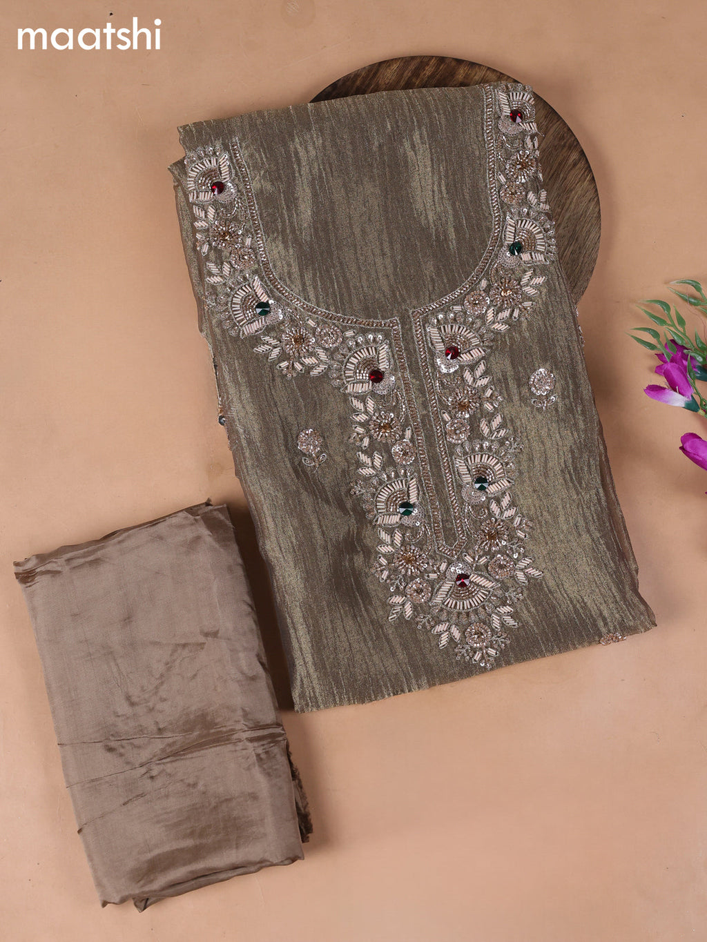 Dark Beige Tissue Dress Material With Embroidery Work Neck Pattern
