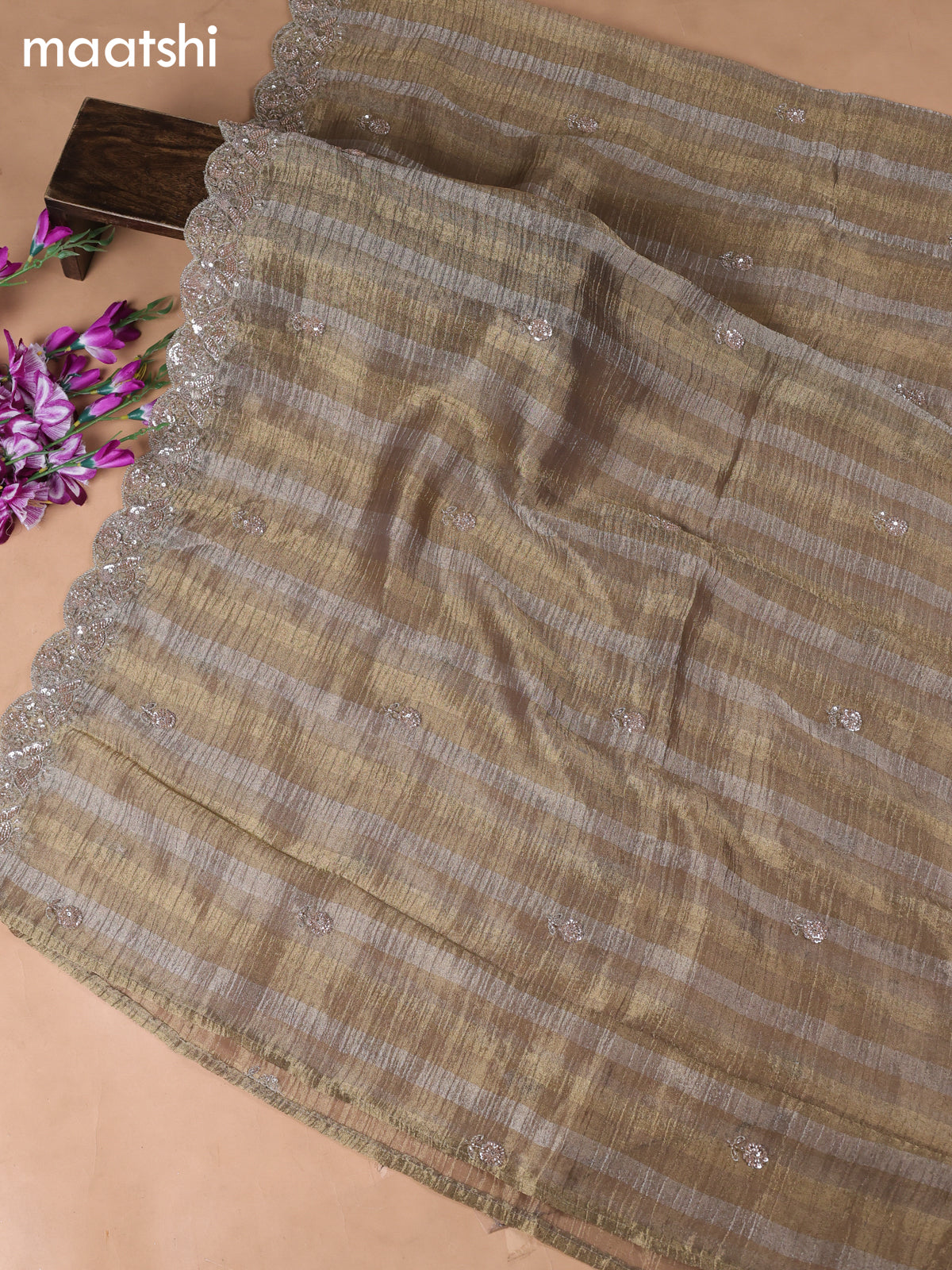 Dark Beige Tissue Dress Material With Embroidery Work Neck Pattern