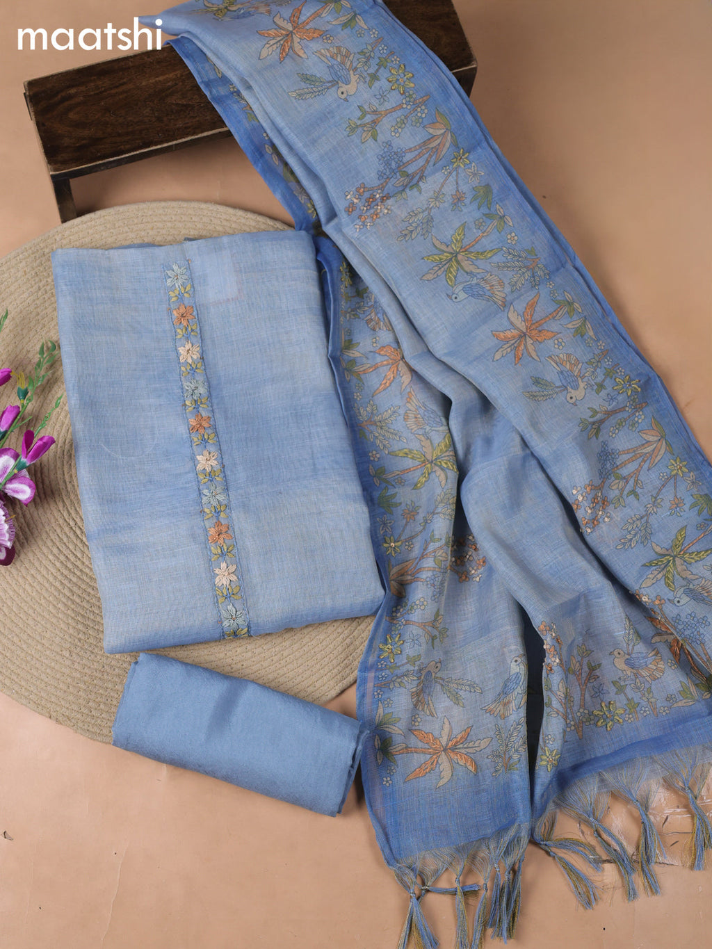 Blue Tissue Linen Dress Material With Embroidery Work Neck Pattern