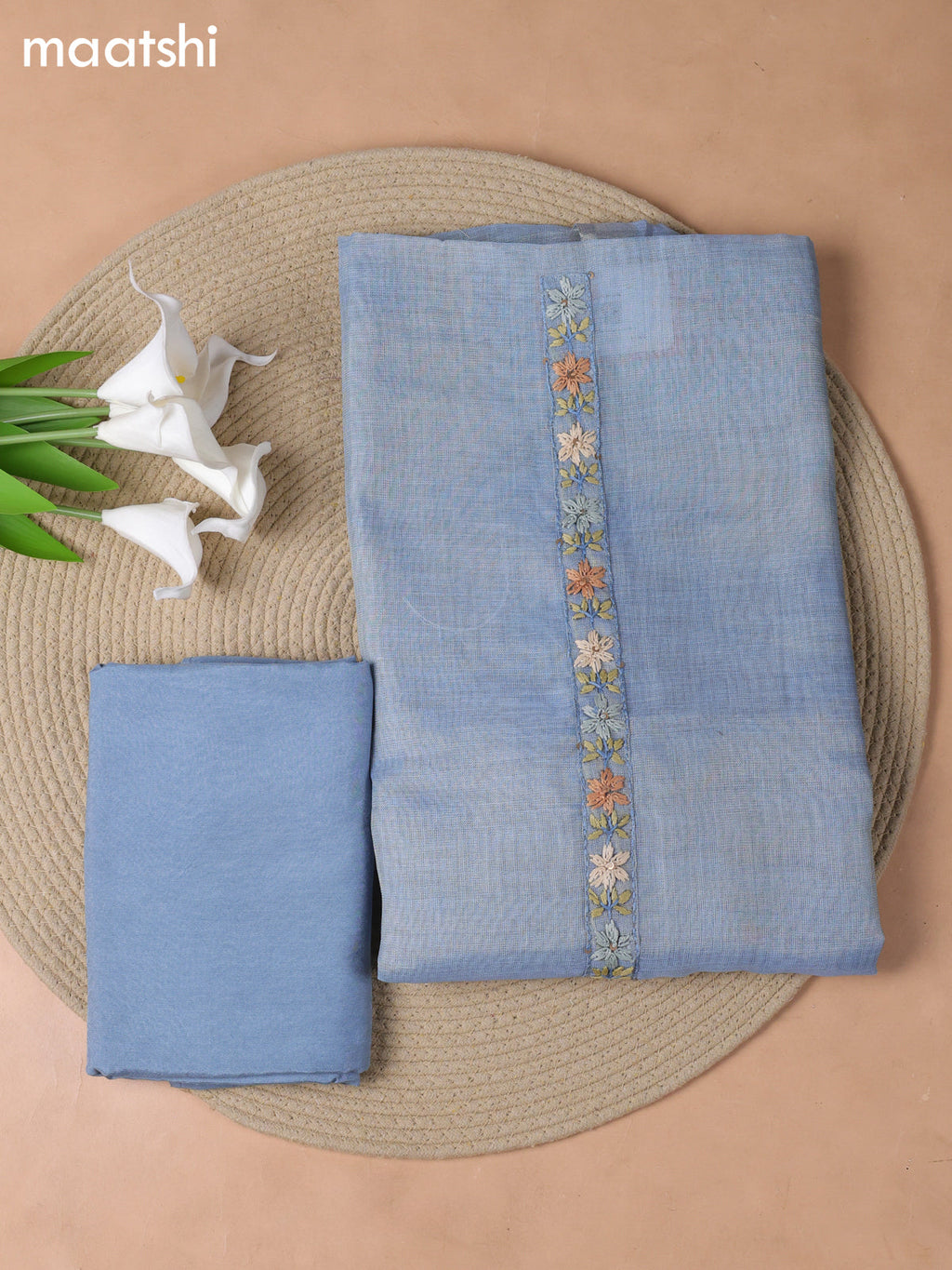 Blue Tissue Linen Dress Material With Embroidery Work Neck Pattern