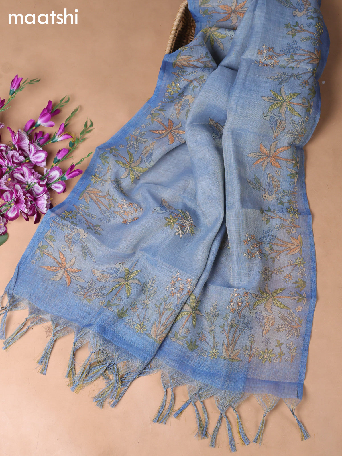 Blue Tissue Linen Dress Material With Embroidery Work Neck Pattern