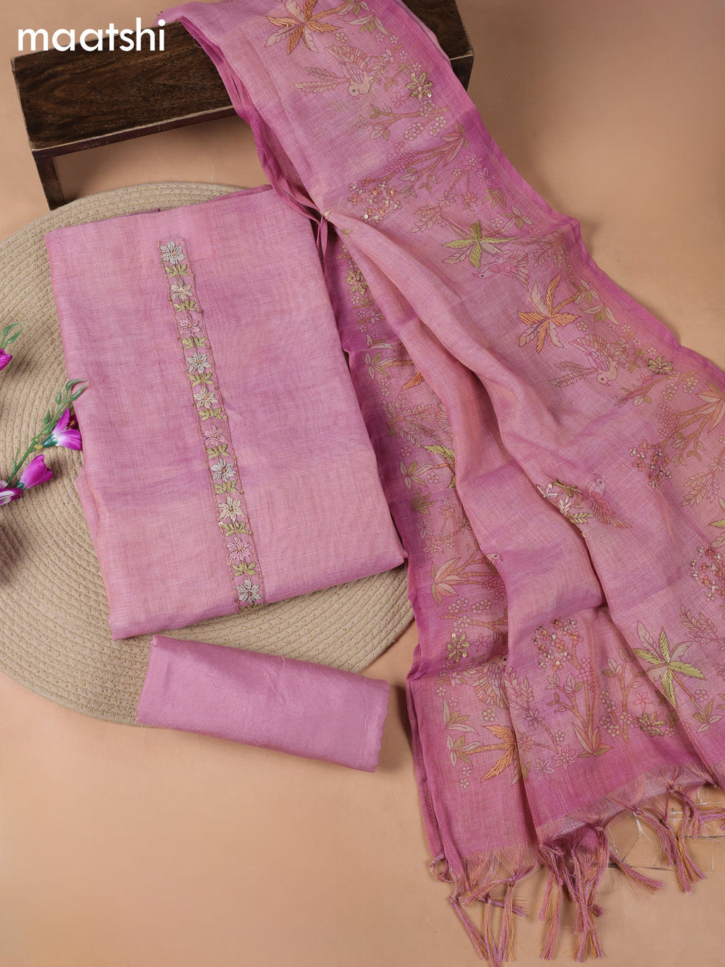 Pink Tissue Linen Dress Material With Embroidery Work Neck Pattern